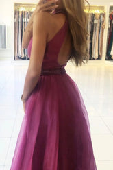 A-line Purple Long Prom Dress With Beads, Tulle Formal Evening Dress  DMP292